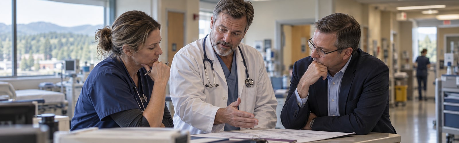 Illustrative nurse, physician, and hospital executive reviewing a service plan