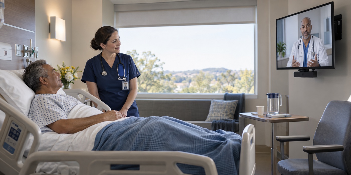 Illustrative nurse and patient speaking with a remote clinician
